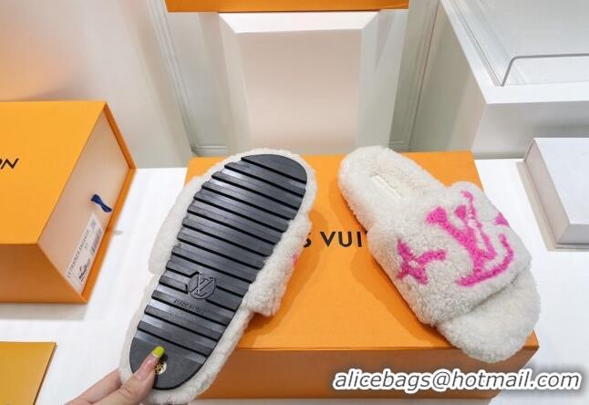 Unique Style Louis Vuitton Shearling Flat Slide Sandals White/Fuchsia Pink 071983