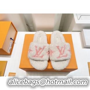 Best Grade Louis Vuitton Shearling Flat Slide Sandals White/Light Pink 071984