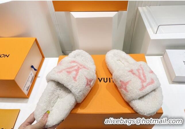 Best Grade Louis Vuitton Shearling Flat Slide Sandals White/Light Pink 071984