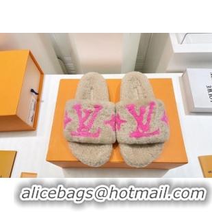 Top Grade Louis Vuitton Shearling Flat Slide Sandals Beige/Pink 071985