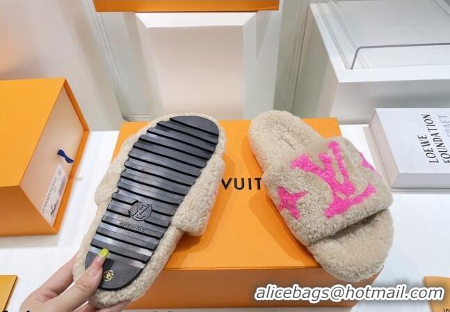 Top Grade Louis Vuitton Shearling Flat Slide Sandals Beige/Pink 071985