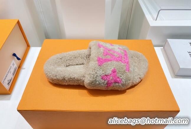 Top Grade Louis Vuitton Shearling Flat Slide Sandals Beige/Pink 071985