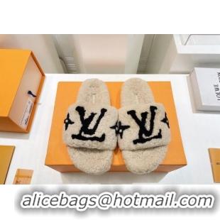 Good Looking Louis Vuitton Shearling Flat Slide Sandals Beige/Black 071986