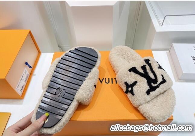 Good Looking Louis Vuitton Shearling Flat Slide Sandals Beige/Black 071986