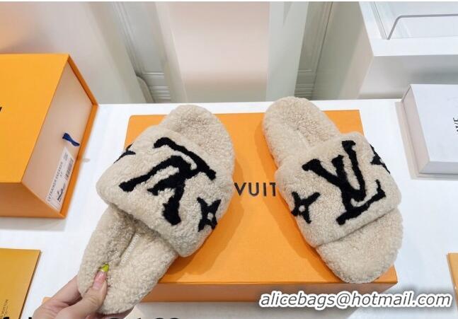 Good Looking Louis Vuitton Shearling Flat Slide Sandals Beige/Black 071986