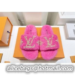 Popular Style Louis Vuitton Shearling Flat Slide Sandals Fuchsia Pink 071987