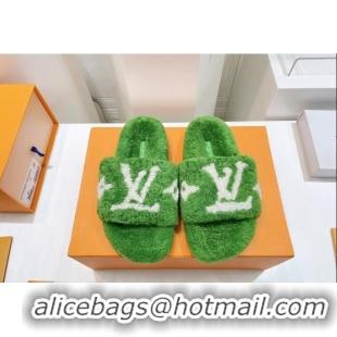 Best Price Louis Vuitton Shearling Flat Slide Sandals Green 071990