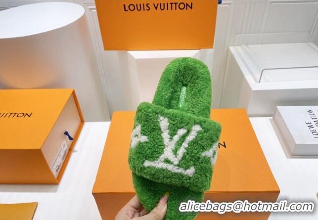 Best Price Louis Vuitton Shearling Flat Slide Sandals Green 071990