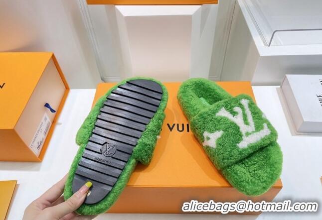 Best Price Louis Vuitton Shearling Flat Slide Sandals Green 071990