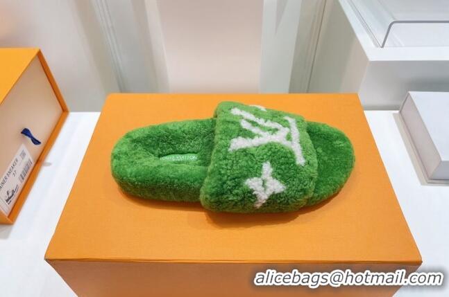 Best Price Louis Vuitton Shearling Flat Slide Sandals Green 071990