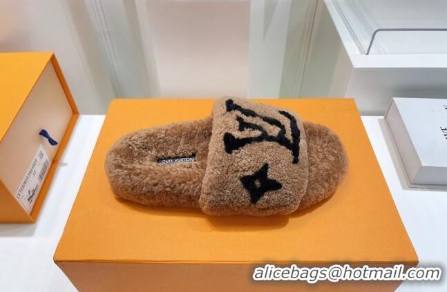 Purchase Louis Vuitton Shearling Flat Slide Sandals Brown/Black 071991