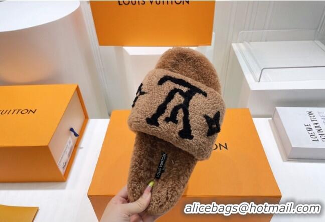 Purchase Louis Vuitton Shearling Flat Slide Sandals Brown/Black 071991