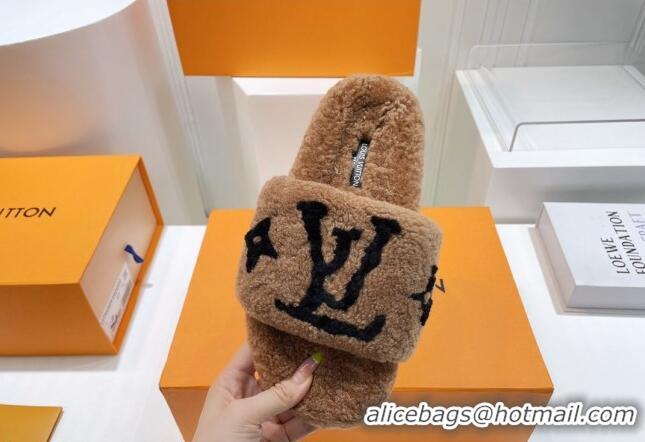 Purchase Louis Vuitton Shearling Flat Slide Sandals Brown/Black 071991