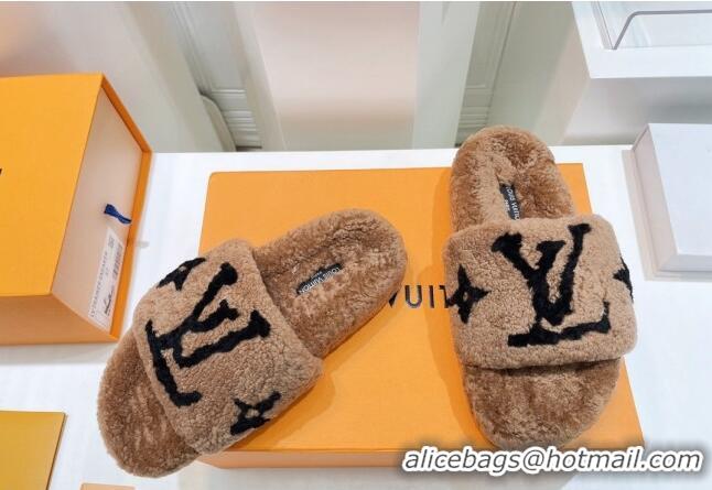 Purchase Louis Vuitton Shearling Flat Slide Sandals Brown/Black 071991