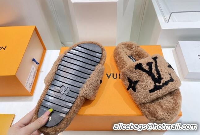 Purchase Louis Vuitton Shearling Flat Slide Sandals Brown/Black 071991