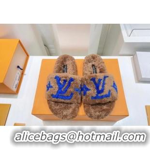 Best Price Louis Vuitton Shearling Flat Slide Sandals Brown/Blue 071992