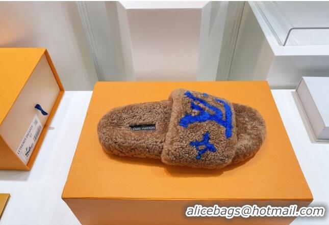 Best Price Louis Vuitton Shearling Flat Slide Sandals Brown/Blue 071992