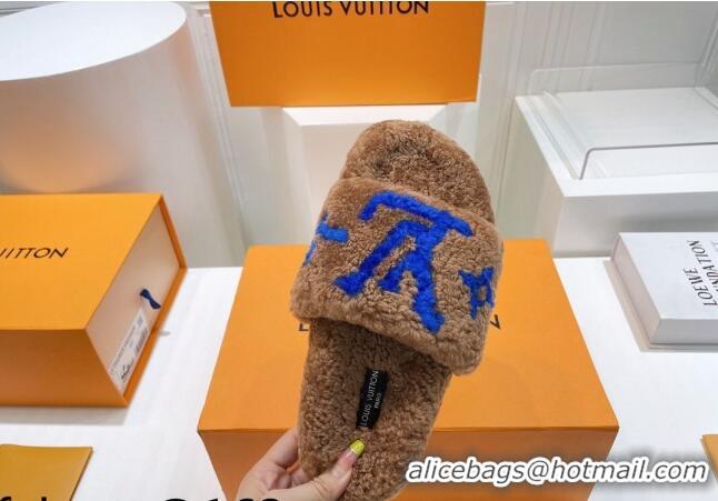 Best Price Louis Vuitton Shearling Flat Slide Sandals Brown/Blue 071992