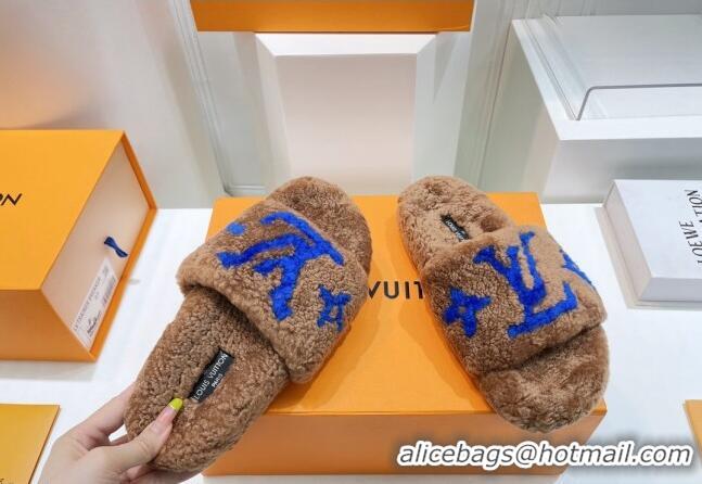 Best Price Louis Vuitton Shearling Flat Slide Sandals Brown/Blue 071992