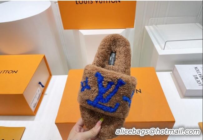 Best Price Louis Vuitton Shearling Flat Slide Sandals Brown/Blue 071992