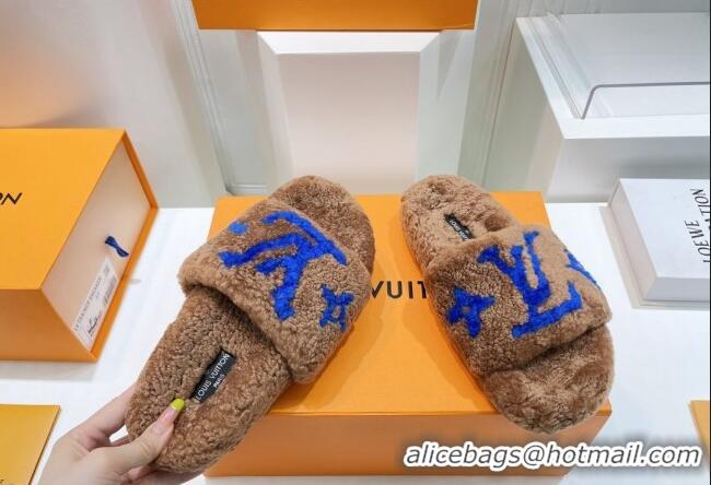 Best Price Louis Vuitton Shearling Flat Slide Sandals Brown/Blue 071992