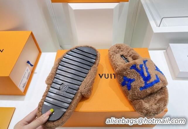 Best Price Louis Vuitton Shearling Flat Slide Sandals Brown/Blue 071992