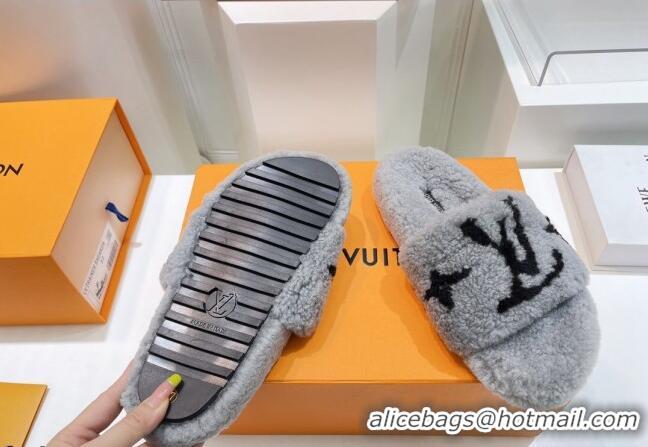 Stylish Louis Vuitton Shearling Flat Slide Sandals Grey 071993