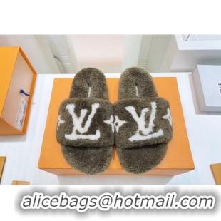 Top Quality Louis Vuitton Shearling Flat Slide Sandals Olive 071994