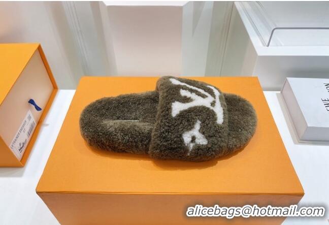 Top Quality Louis Vuitton Shearling Flat Slide Sandals Olive 071994