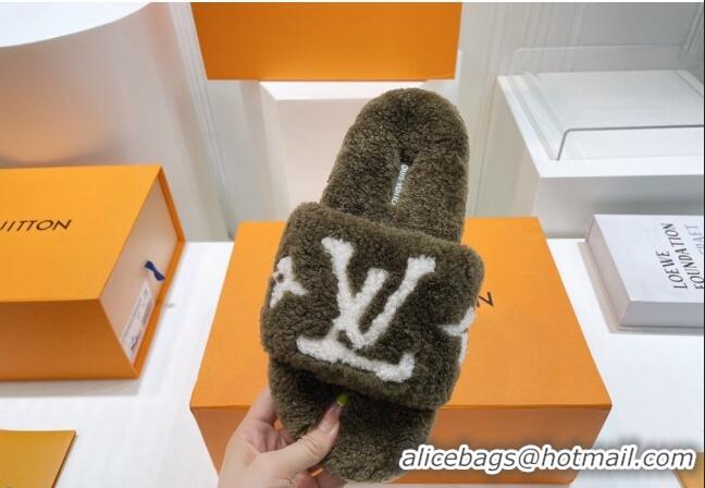 Top Quality Louis Vuitton Shearling Flat Slide Sandals Olive 071994