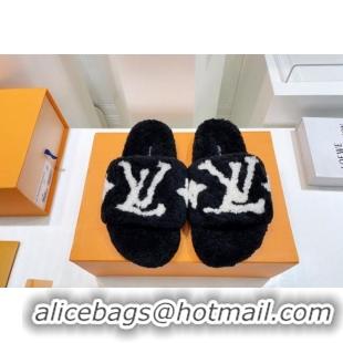 Discount Louis Vuitton Shearling Flat Slide Sandals Black 071995