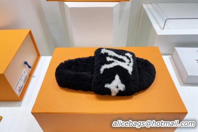 Discount Louis Vuitton Shearling Flat Slide Sandals Black 071995