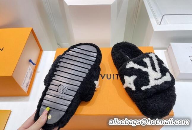 Discount Louis Vuitton Shearling Flat Slide Sandals Black 071995