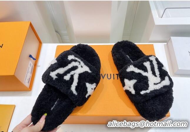 Discount Louis Vuitton Shearling Flat Slide Sandals Black 071995