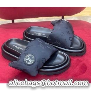 Duplicate Louis Vuitton Monogram Nylon Pool Pillow Comfort Slide Sandals Black 071996