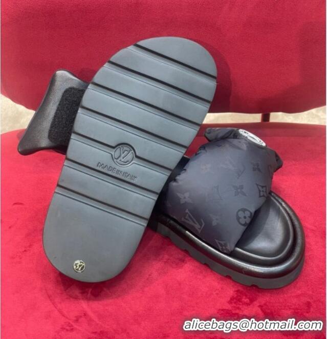 Duplicate Louis Vuitton Monogram Nylon Pool Pillow Comfort Slide Sandals Black 071996