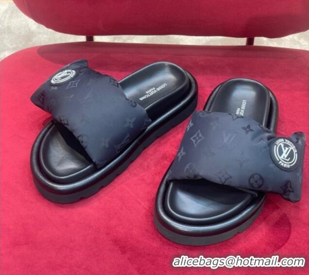 Duplicate Louis Vuitton Monogram Nylon Pool Pillow Comfort Slide Sandals Black 071996