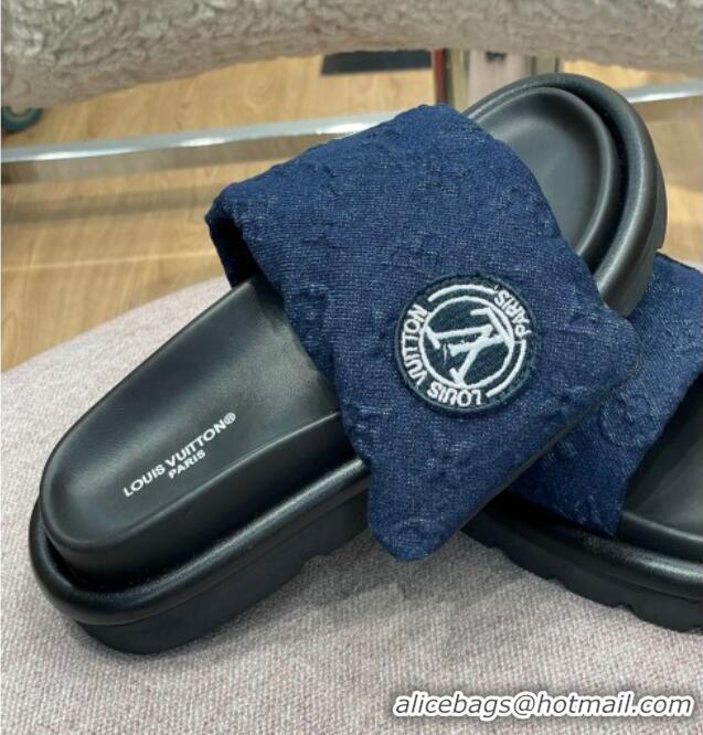 Pretty Style Louis Vuitton Monogram Denim Pool Pillow Comfort Slide Sandals Dark Blue 2071999