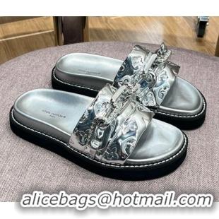 Luxury Louis Vuitton LV Sunset Monogram Leather Flat Comfort Slide Sandals with Resin Chain Silver 0719101