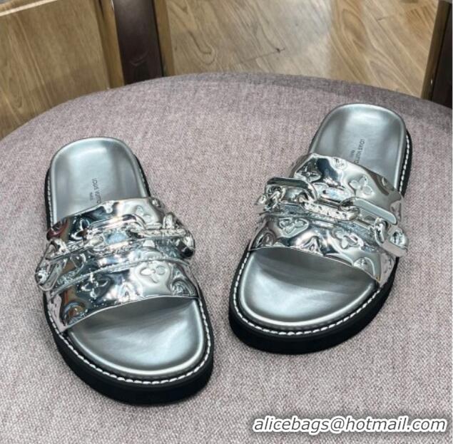 Luxury Louis Vuitton LV Sunset Monogram Leather Flat Comfort Slide Sandals with Resin Chain Silver 0719101