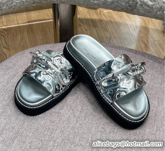 Luxury Louis Vuitton LV Sunset Monogram Leather Flat Comfort Slide Sandals with Resin Chain Silver 0719101