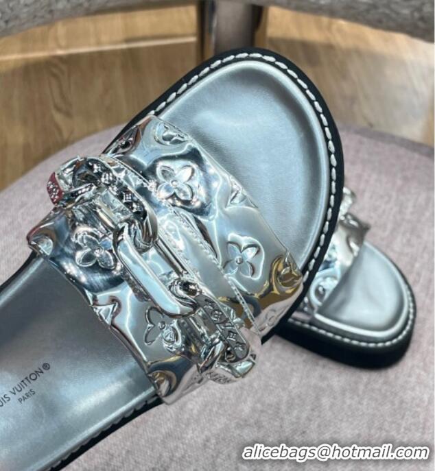 Luxury Louis Vuitton LV Sunset Monogram Leather Flat Comfort Slide Sandals with Resin Chain Silver 0719101