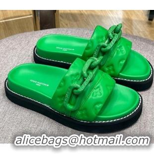 Unique Style Louis Vuitton LV Sunset Monogram Leather Flat Comfort Slide Sandals with Resin Chain Green 0719102