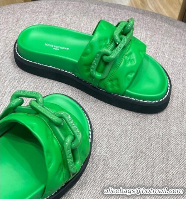 Unique Style Louis Vuitton LV Sunset Monogram Leather Flat Comfort Slide Sandals with Resin Chain Green 0719102