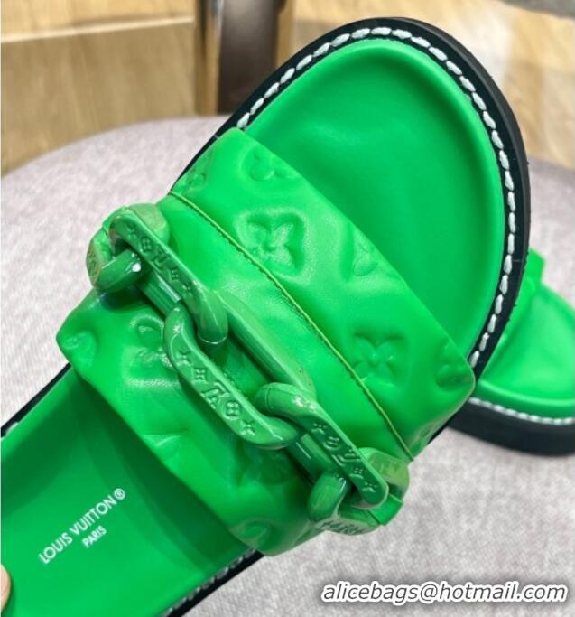 Unique Style Louis Vuitton LV Sunset Monogram Leather Flat Comfort Slide Sandals with Resin Chain Green 0719102