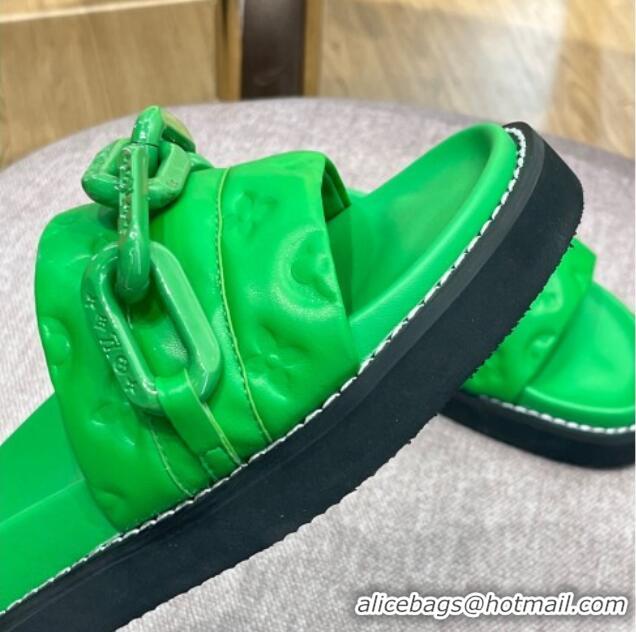 Unique Style Louis Vuitton LV Sunset Monogram Leather Flat Comfort Slide Sandals with Resin Chain Green 0719102