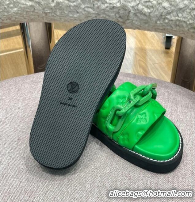 Unique Style Louis Vuitton LV Sunset Monogram Leather Flat Comfort Slide Sandals with Resin Chain Green 0719102