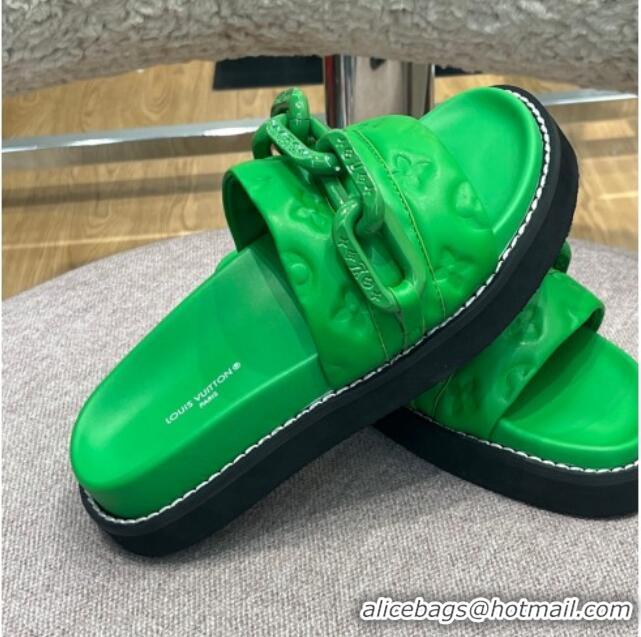 Unique Style Louis Vuitton LV Sunset Monogram Leather Flat Comfort Slide Sandals with Resin Chain Green 0719102