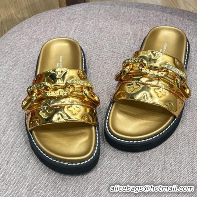 Good Quality Louis Vuitton LV Sunset Monogram Leather Flat Comfort Slide Sandals with Resin Chain Gold 0719103