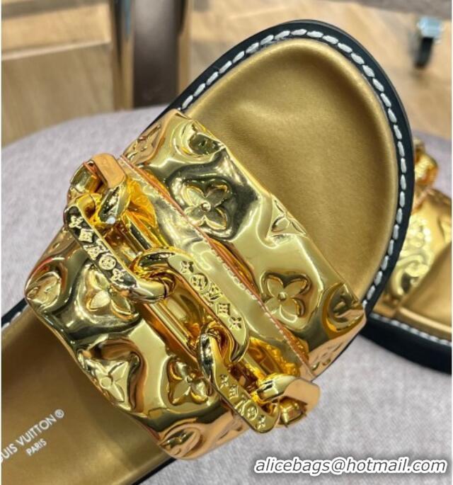 Good Quality Louis Vuitton LV Sunset Monogram Leather Flat Comfort Slide Sandals with Resin Chain Gold 0719103